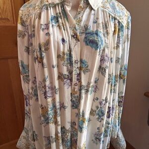 Free People Floral Button-Down Shirt - Cream, Blue, Yellow